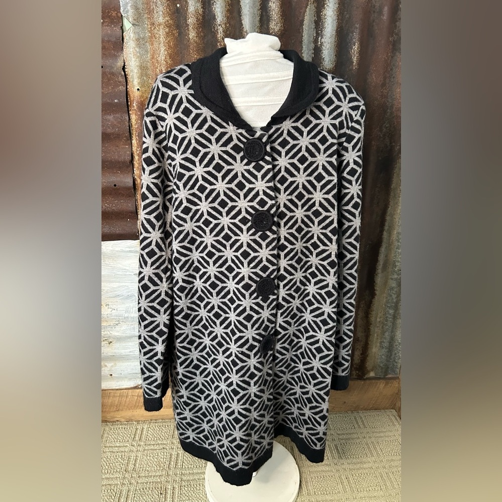 John Paul Richard Knit Cardigan Coat Black White Geometric Long Sleeve Sweater-L - Picture 9 of 9
